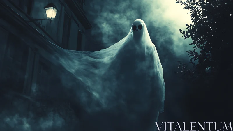 Midnight alley ghost drifting through lantern fog.