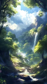 Mountain Valley Canyon Landscape with Cascading Waterfall.