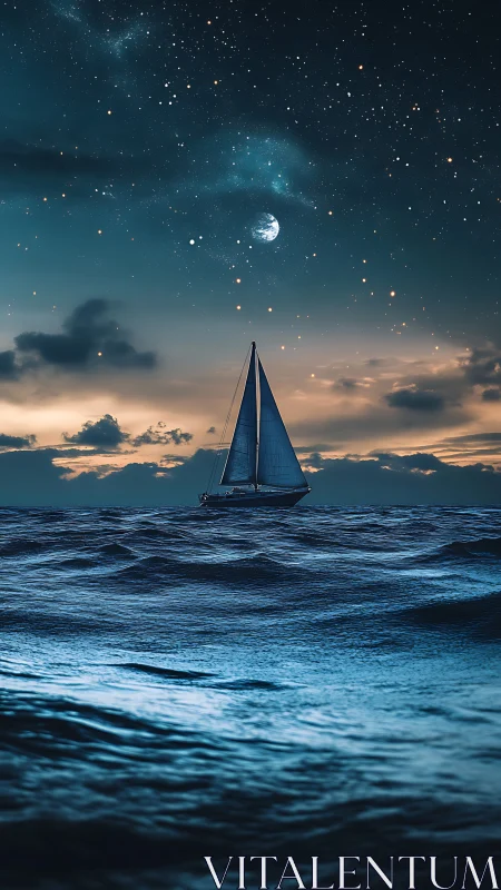 Sailboat moves across dark ocean under dense starry night sky