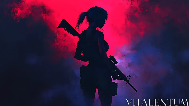 Fearless warrior in neon mist, standing strong and calm.