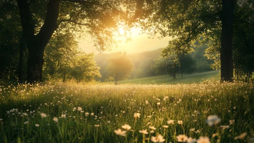 Sunlit wildflower meadow under glowing forest canopy.