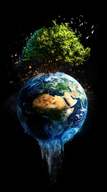 Lush green tree grows from glowing Earth in cosmic void