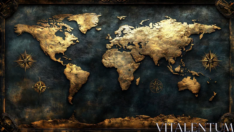 Golden embossed world map shimmers on deep teal canvas.