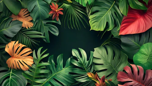 Lush tropical foliage frame with vibrant gradient leaves.