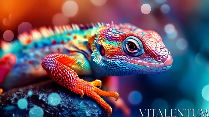 Iridescent gecko portrait amid neon bokeh glow.