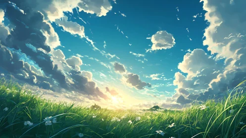 Digital landscape depicts grassy field under expansive sky