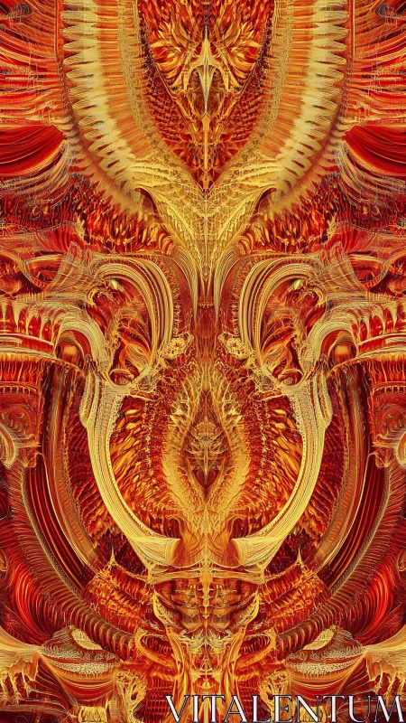 Intricate symmetrical fractal structure in red and gold tones.