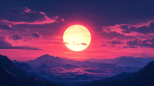 Digital seascape renders stylized sunset over layered mountains