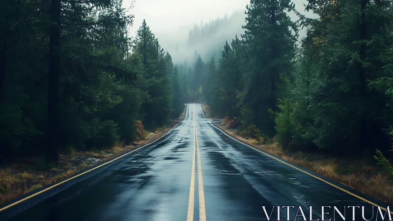Wet highway stretches through misty evergreen forest.