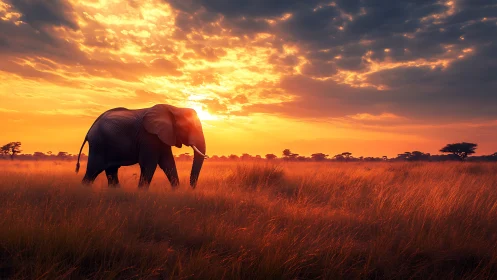 Golden sunset welcomes a lone elephant across warm grasslands