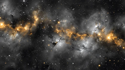Stellar nebula band glows in golden light across space.