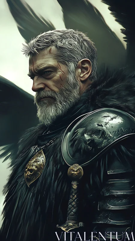 Battle worn raven knight in feathered tactical armor profile.