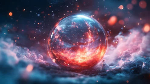 Glowing cosmic orb cradled in dreamy clouds of color.