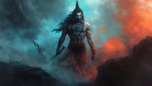 Mythic warrior stands amid stormy blue and red mist.