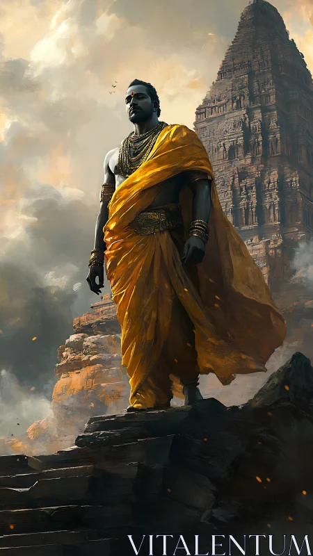 Male figure in saffron drapery stands before tall stone temple