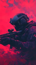 Tactical operator aims rifle in neon red atmospheric haze gradient