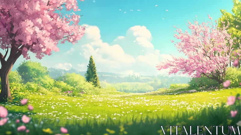 Digital pastoral spring meadow with blossoming cherry trees.