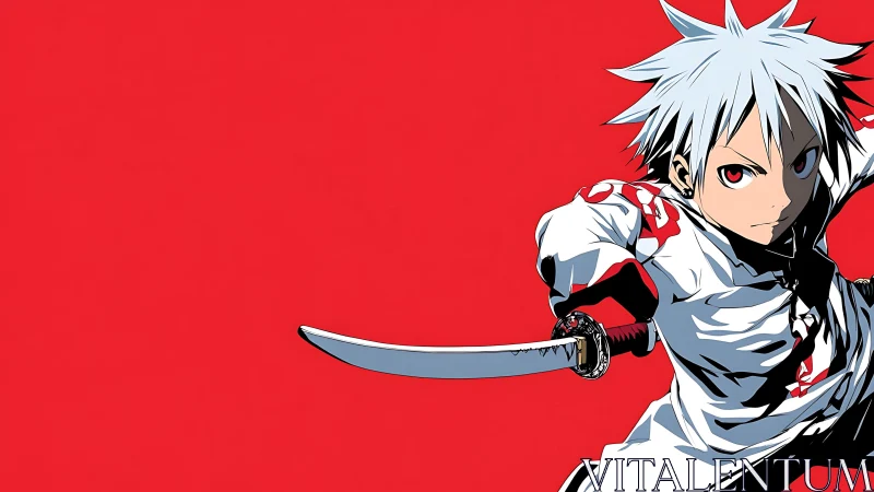 Dynamic white-haired swordsman poised against flat red field