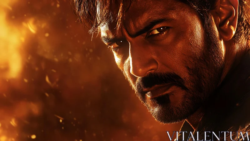 Intense close‑up portrait in glowing ember light.