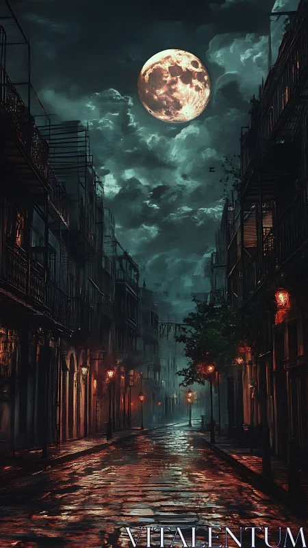 Full moon ignites a rain-slicked, deserted midnight street