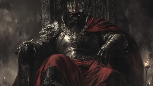 Brooding dark king resting in armor and crimson cloak.