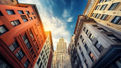 Skyscrapers lean inward as the sunset sky pulls them close