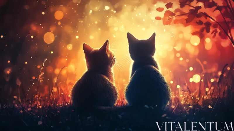 Two Felines Contemplate Golden Twilight's Luminous Embrace