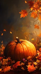 Cozy autumn pumpkin resting among glowing falling leaves.