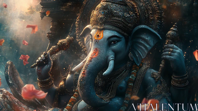 Divine blue Ganesh idol rendered with ornate cinematic detail.