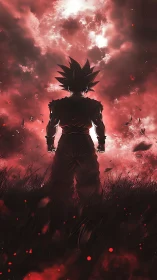 Lone warrior stands against burning stormlit sky