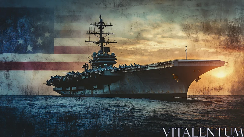 US aircraft carrier at sea with faded American flag overlay.