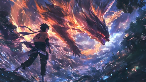 Anime ninja confronts blazing fox spirit in wild sky battlefield.