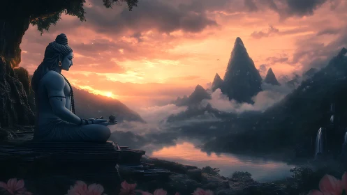 Meditating figure before misty mountains at sunset.