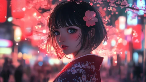 Anime night portrait under lantern-lit sakura bokeh glow.