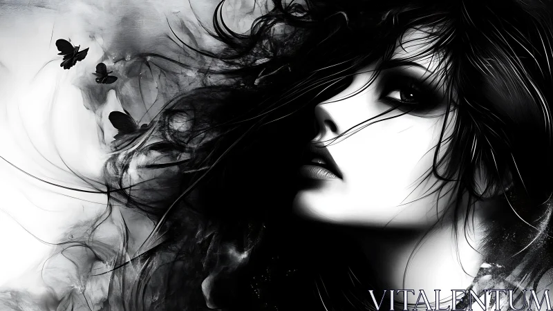 Monochrome portrait with ink-like hair and dark butterflies.