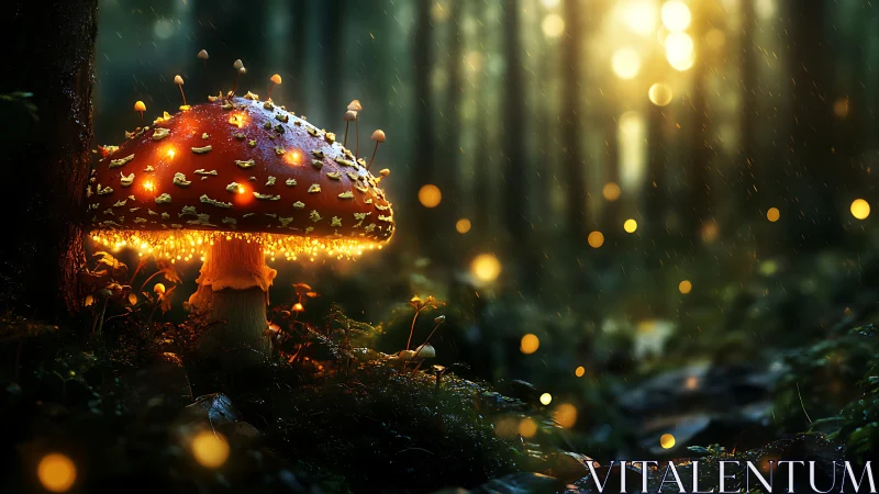Luminous red mushroom in dark forest with scattered bokeh.