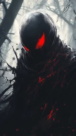 Midnight wraith with ember eyes stalking the ashen forest.