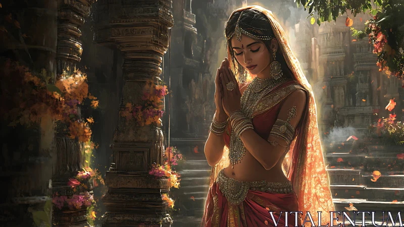 Woman in traditional attire praying in ancient stone temple.