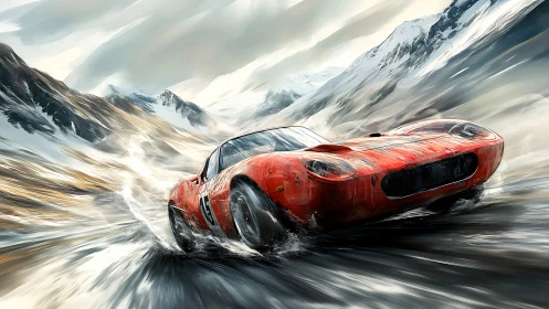Red sports car racing through wild snowy mountain curves.