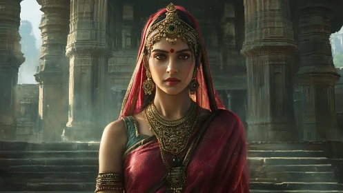 Regal Indian woman in traditional attire at ancient temple, cinematic style.