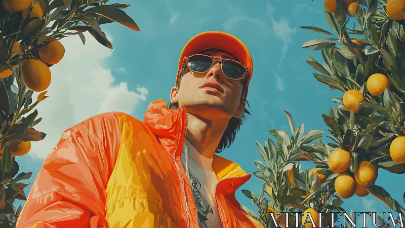 Man in orange jacket and cap among citrus trees outdoors.