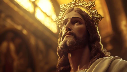Crowned sacred figure gazes upward under warm cathedral light