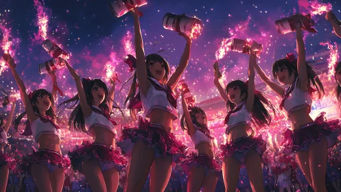 Cheer squad holds handheld flares during dense night event