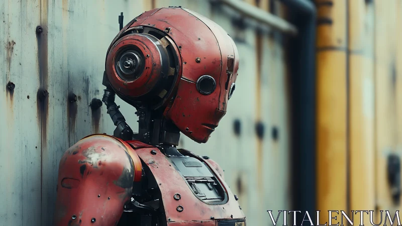 Rust-red robot resting quietly against worn metal wall.