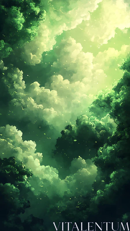 Luminous green clouds forming a glowing sky corridor.