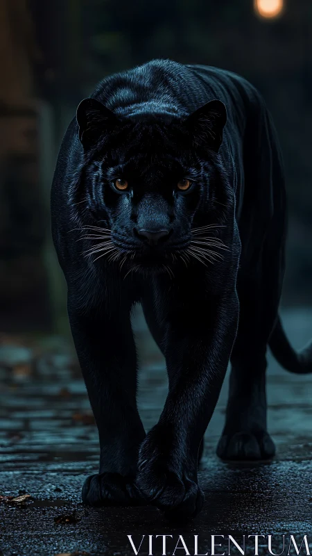 Black Panther Prowls Urban Night. Amber Eyes pierce Darkness