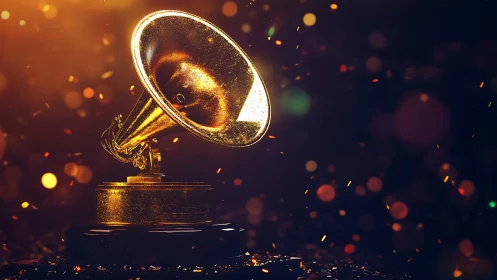 Golden gramophone trophy glows under dramatic studio lights.