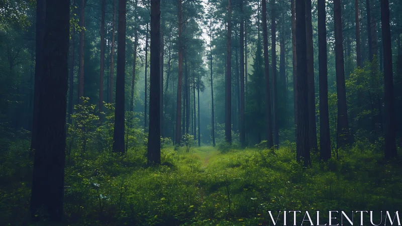Serene Pine Forest in Morning Light with Lush Greenery.
