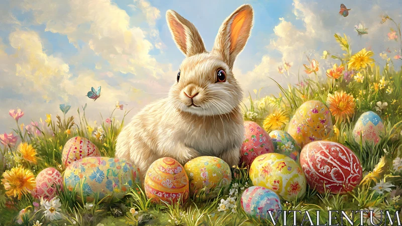 Spring meadow bunny among painted eggs and soft wildflowers.