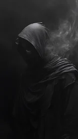 Hooded spectral figure emerging from dark smoky void.